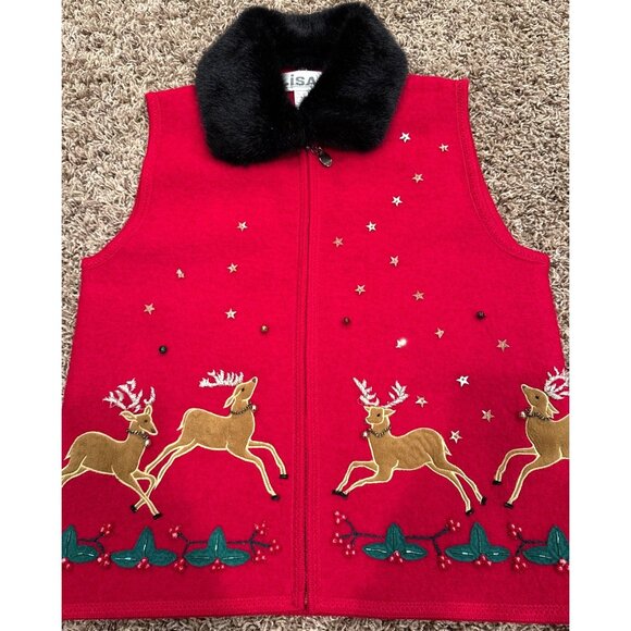 Vtg Lisa International 100% Wool Reindeer Sweater Vest Faux Fur Collar Medium - Picture 10 of 12
